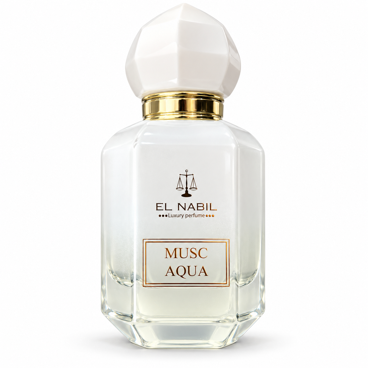Flacon Musc Aqua El Nabil 65 ml blanc et doré sur fond blanc