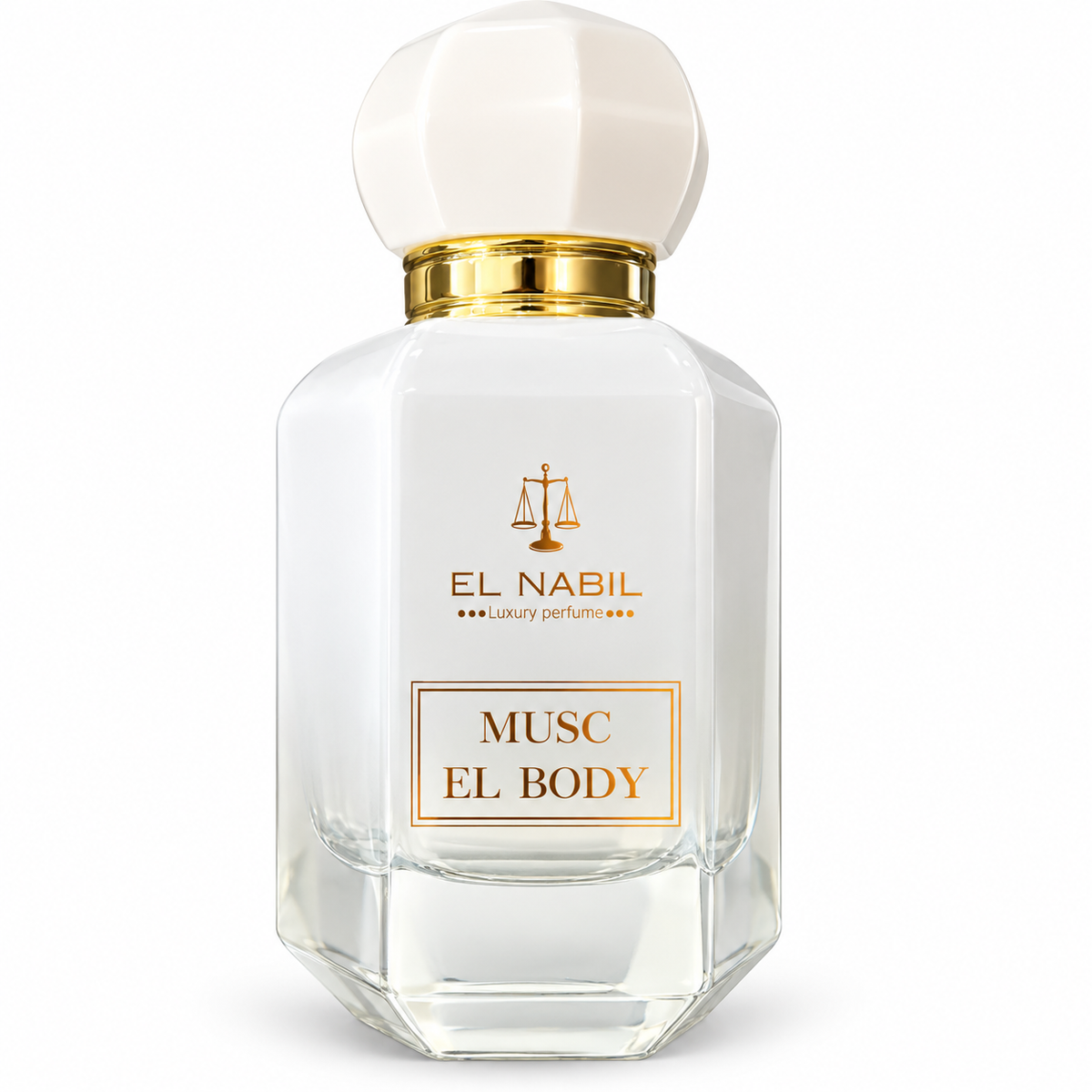 Flacon Musc El Body El Nabil 65 ml blanc et doré sur fond blanc
