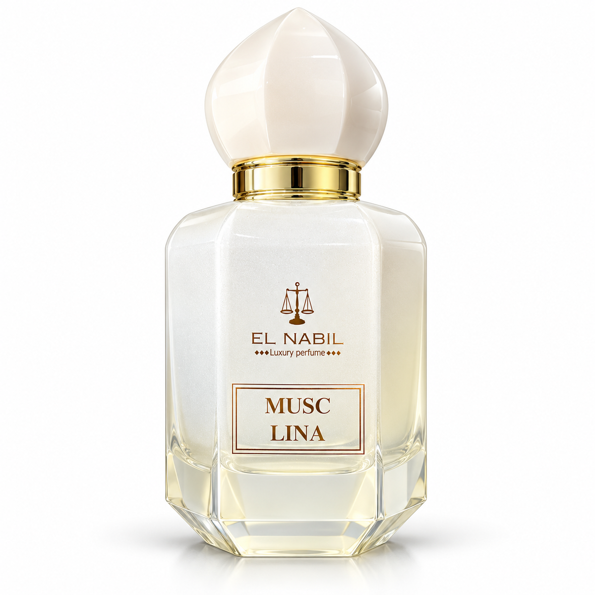 Flacon Musc Lina El Nabil blanc et doré sur fond blanc