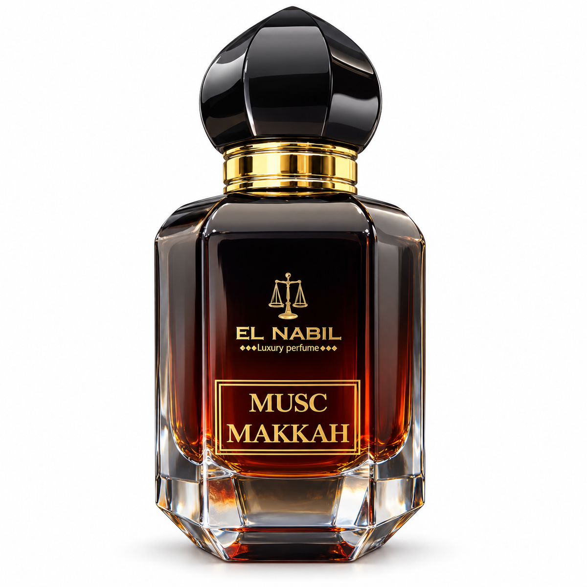 Flacon Musc Makkah El Nabil 65 ml sombre et doré sur fond blanc