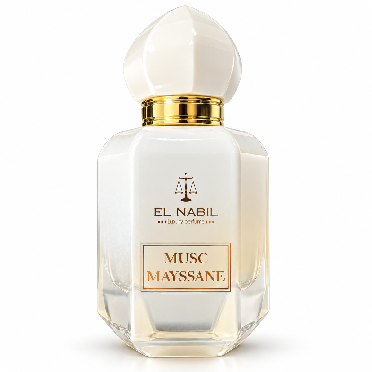 Flacon Musc Mayssane El Nabil 65 ml blanc et doré sur fond blanc