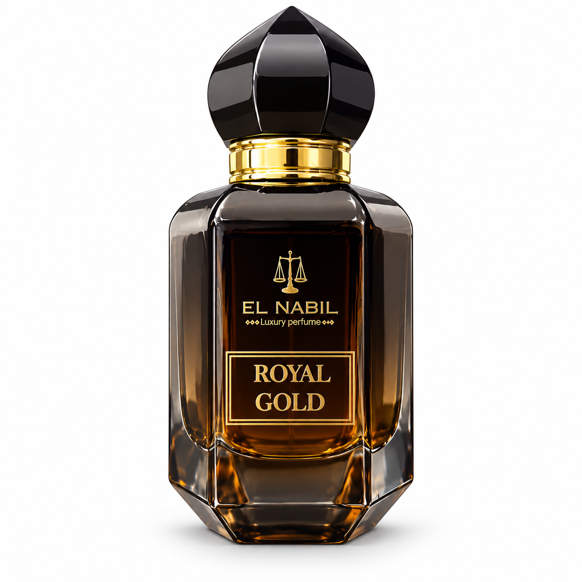 Flacon Royal Gold El Nabil 65 ml noir et doré sur fond blanc